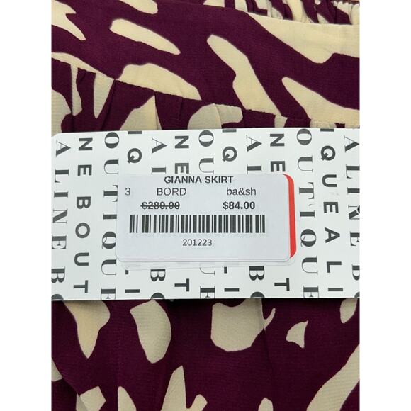 ba&sh Gianna Tiered Skirt Women Lg Burgundy White Geo Print Pleated Back Zip NWT - Picture 4 of 8